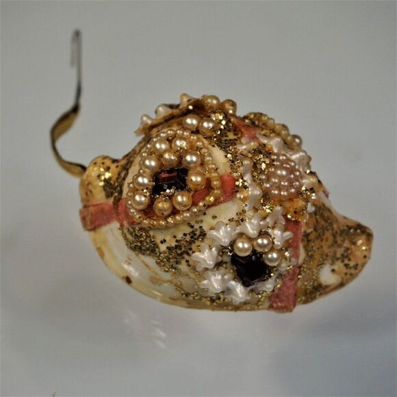 Vintage Christmas Ornament Seashell Beaded Mica Ribbon UNIQUE - Picture 9 of 11